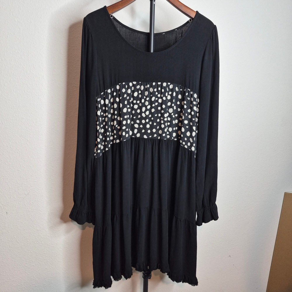 Linen Cotton Tiered Babydoll Mini Dress Polka Dot Panel Frayed Hem Black L